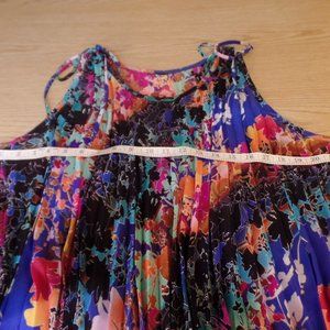 Unique totally pleated multicolored high low flowing semi sheer blouse XL